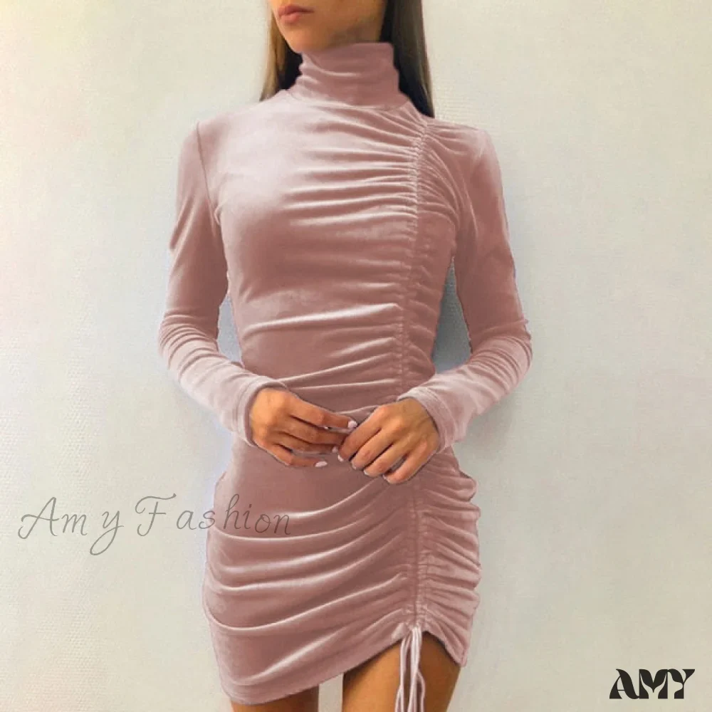 Amy Fashion - Clubwear Turtleneck Velvet Dresses - Image 2