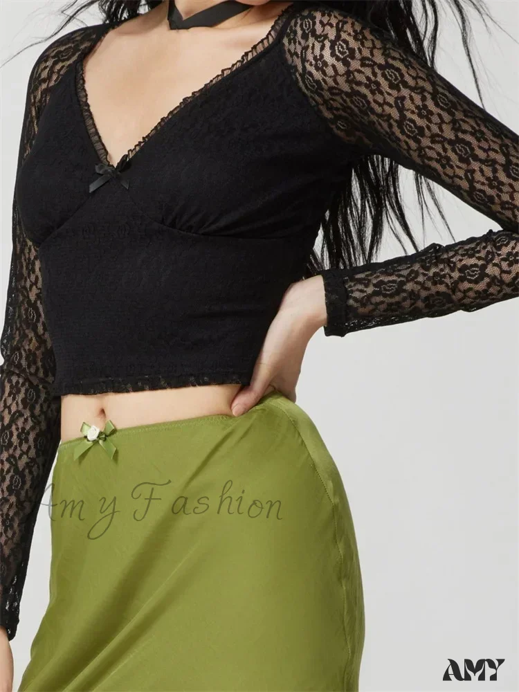 Amy Fashion - Clubwear V-neck Black Slim Lace Flower Mesh T-Shirts - Image 2