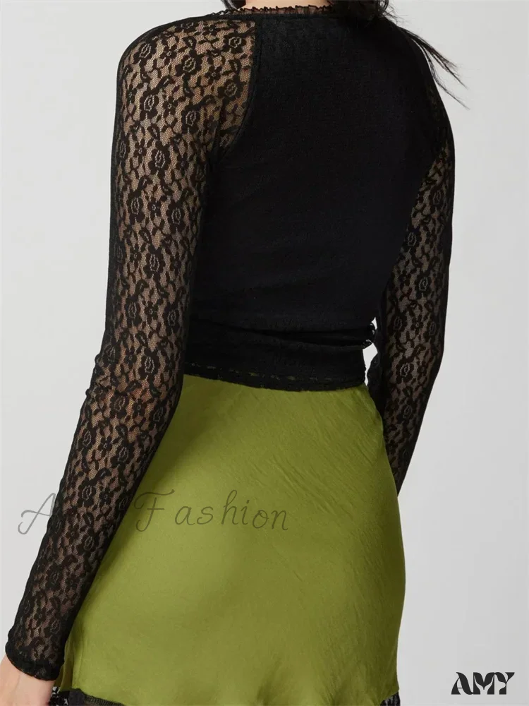 Amy Fashion - Clubwear V-neck Black Slim Lace Flower Mesh T-Shirts - Image 3