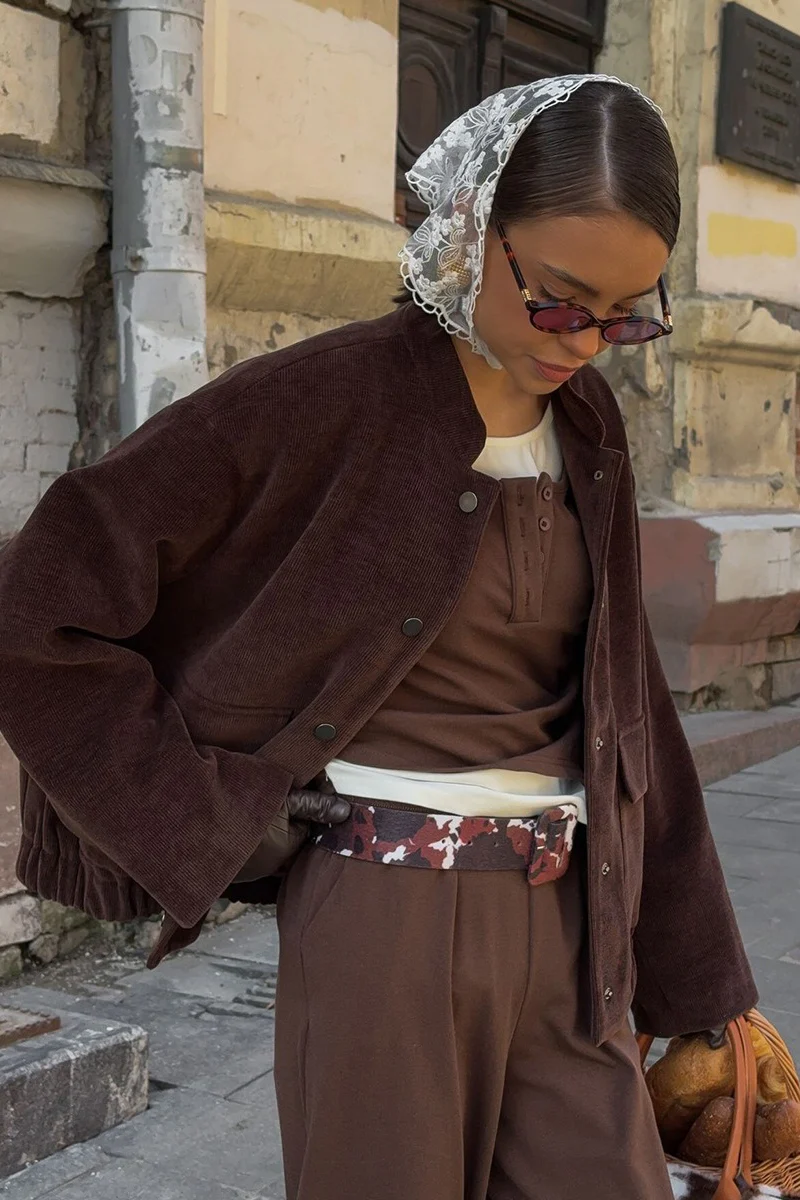 Coffee Corduroy Stand-Collar Loose Jacket - Image 2