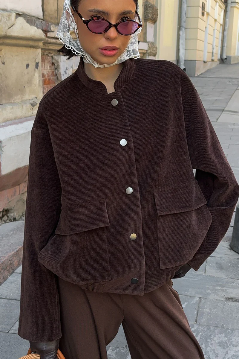 Coffee Corduroy Stand-Collar Loose Jacket - Image 3