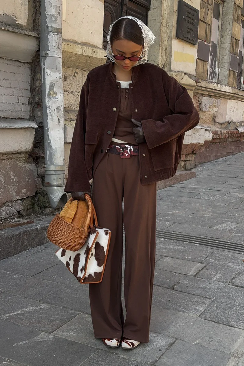 Coffee Corduroy Stand-Collar Loose Jacket - Image 4