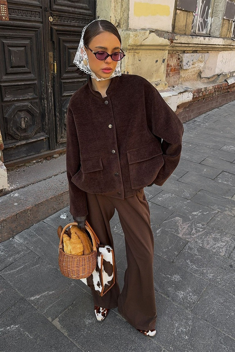 Coffee Corduroy Stand-Collar Loose Jacket - Image 5
