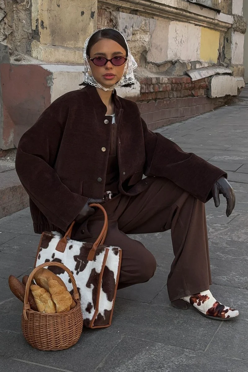 Coffee Corduroy Stand-Collar Loose Jacket - Image 6