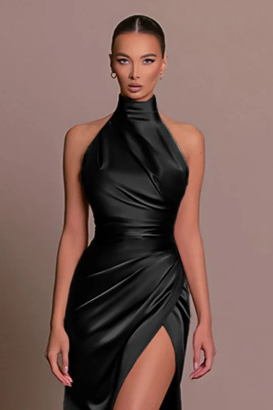 Collared Halter Sleeveless Split Slim Maxi Party Dress - Image 4