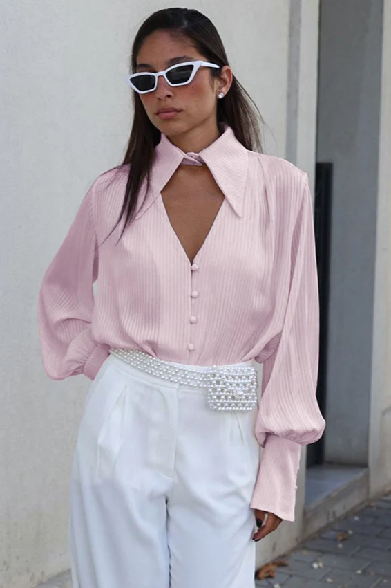 Collared Long-Sleeve Loose Elegant Blouse - Image 4