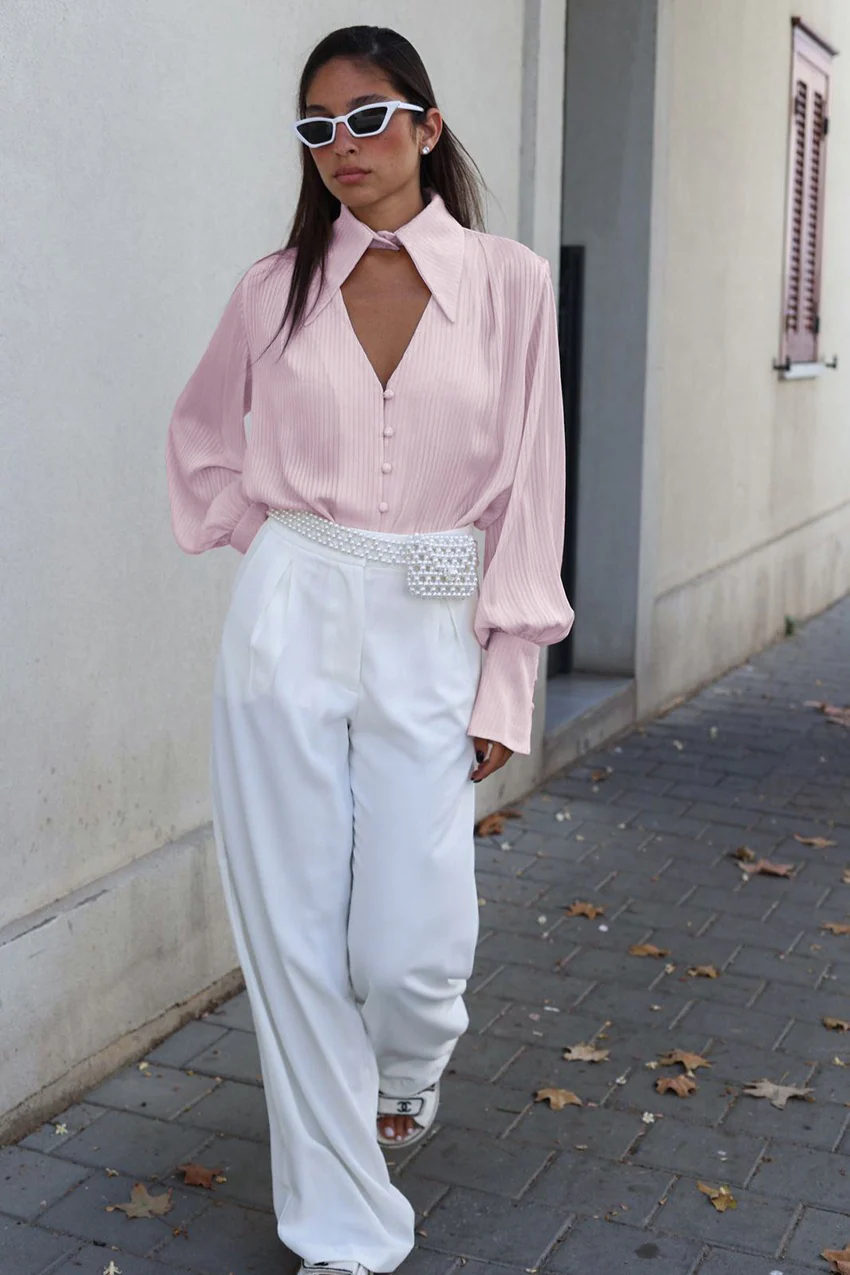 Collared Long-Sleeve Loose Elegant Blouse - Image 5