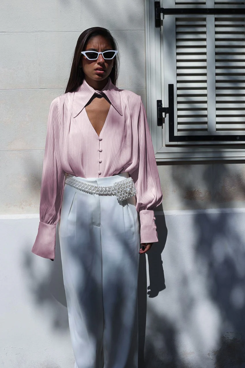 Collared Long-Sleeve Loose Elegant Blouse - Image 6