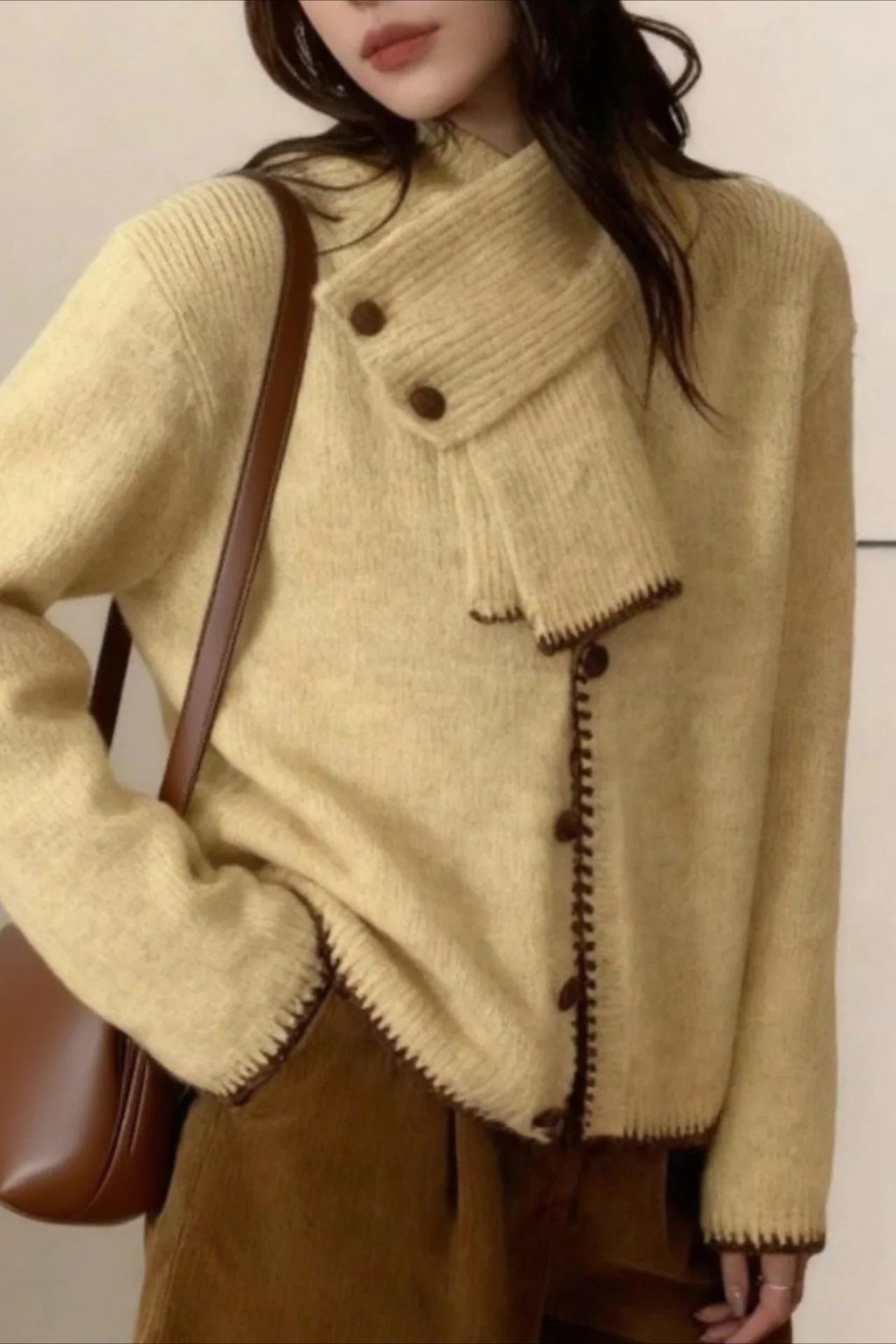Color Block Cowl Neck Loose Knit Cardigan - Image 2