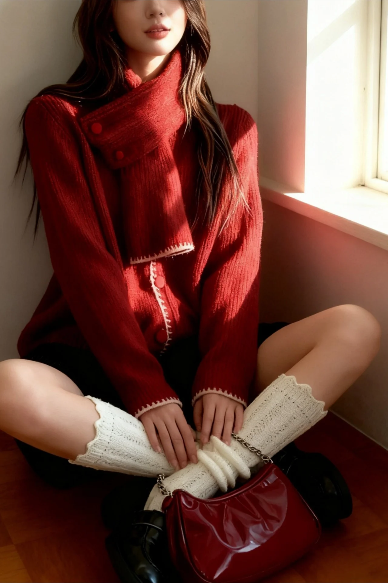 Color Block Cowl Neck Loose Knit Cardigan - Image 3