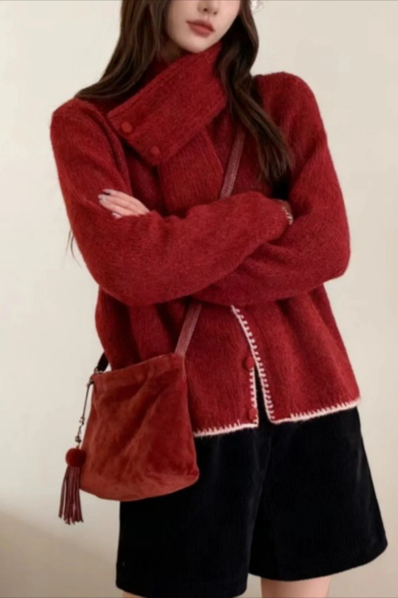 Color Block Cowl Neck Loose Knit Cardigan - Image 4