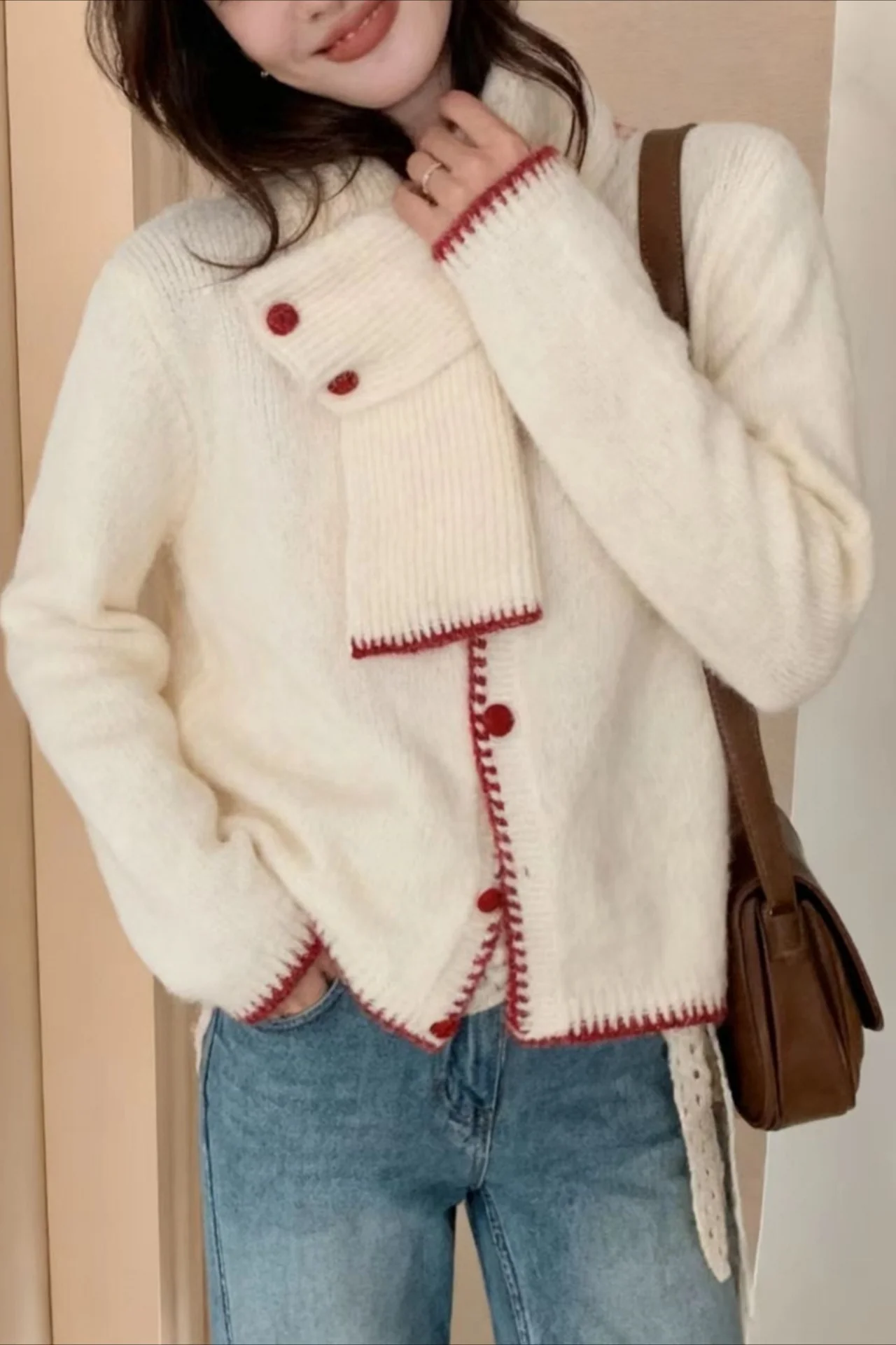 Color Block Cowl Neck Loose Knit Cardigan - Image 5