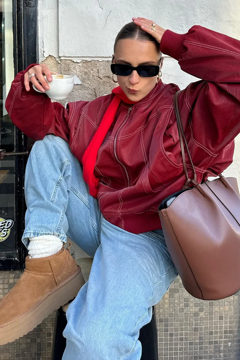Color-Block Paneled Collared Leather Jacket - Image 5