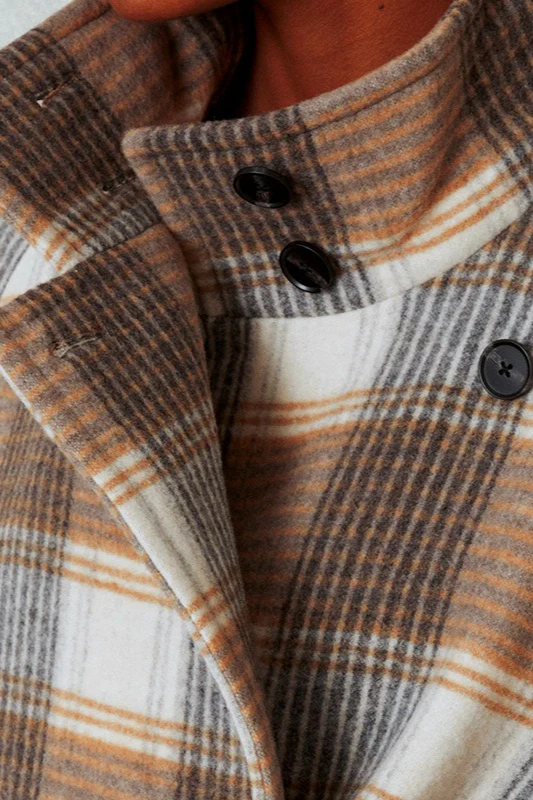 Color-Block Plaid Wool Blend Tie Waist Winter Coat - Image 2
