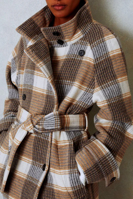 Color-Block Plaid Wool Blend Tie Waist Winter Coat - Image 3