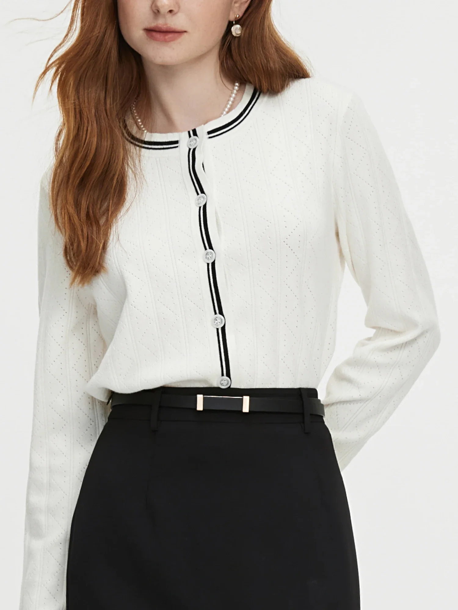 Contrast Color Round Neck Knit Cardigan - Image 3