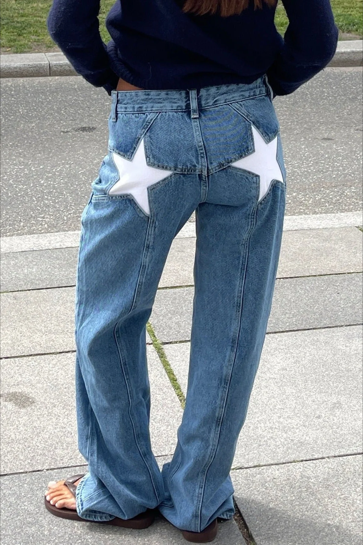 Contrast Patchwork Y2K Retro Star Back Casual Jeans - Image 12
