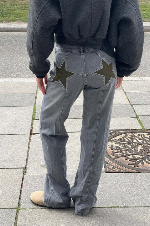 Contrast Patchwork Y2K Retro Star Back Casual Jeans - Image 9