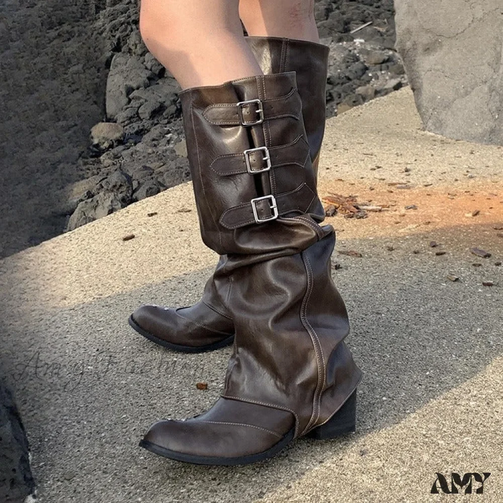 Convertible Belt Buckle Long Boots Brown Western Cowboy Ruched Over-Knee Rider Summer 2024 Women's Shoes - Image 2