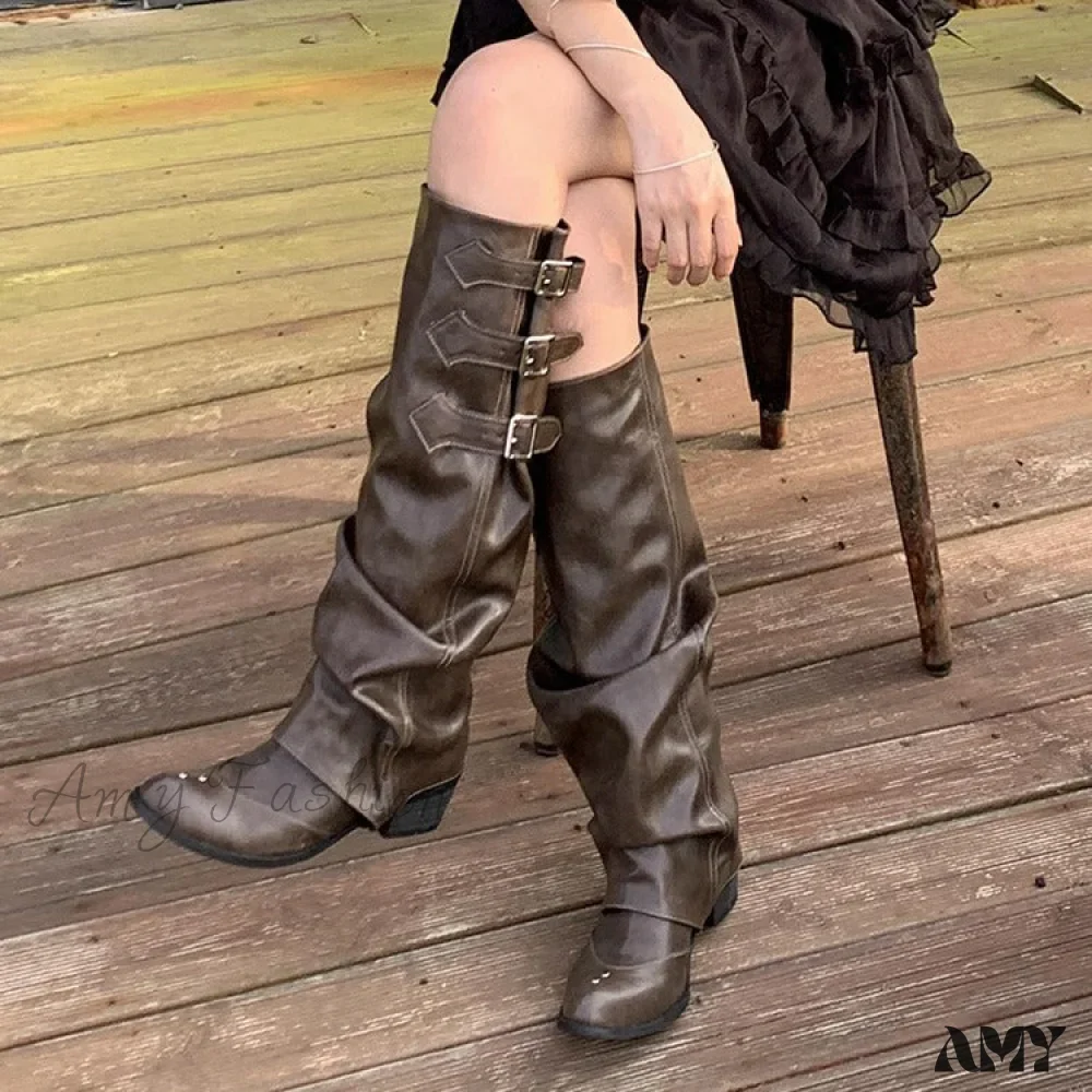 Convertible Belt Buckle Long Boots Brown Western Cowboy Ruched Over-Knee Rider Summer 2024 Women's Shoes - Image 4
