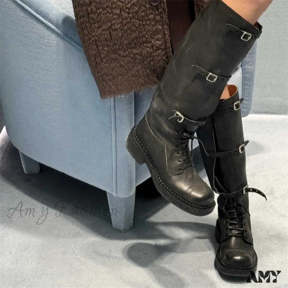 Cowhide Version Miu 2024 Runway Vintage Long Boots Distressed Leather Belt Buckle High Rider Women's Shoes - Image 3