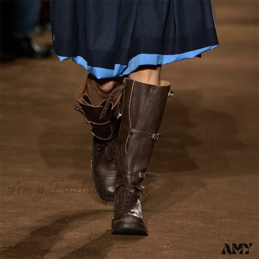 Cowhide Version Miu 2024 Runway Vintage Long Boots Distressed Leather Belt Buckle High Rider Women's Shoes - Image 4