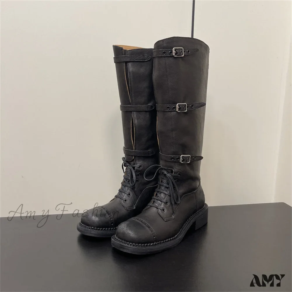 Cowhide Version Miu 2024 Runway Vintage Long Boots Distressed Leather Belt Buckle High Rider Women's Shoes - Image 5