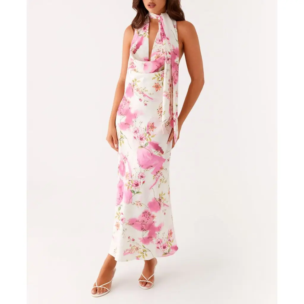 Cowl Neck Floral Halter Vacation Dress