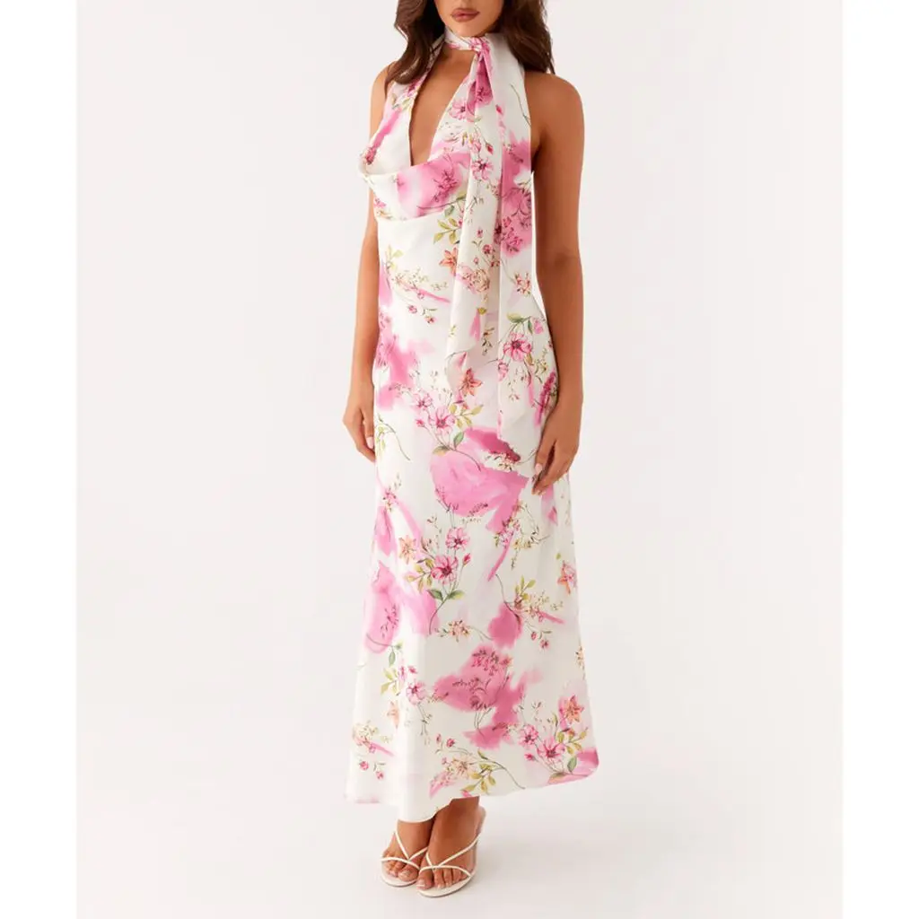 Cowl Neck Floral Halter Vacation Dress - Image 2