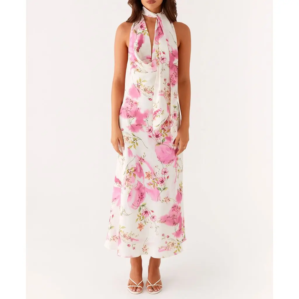 Cowl Neck Floral Halter Vacation Dress - Image 3