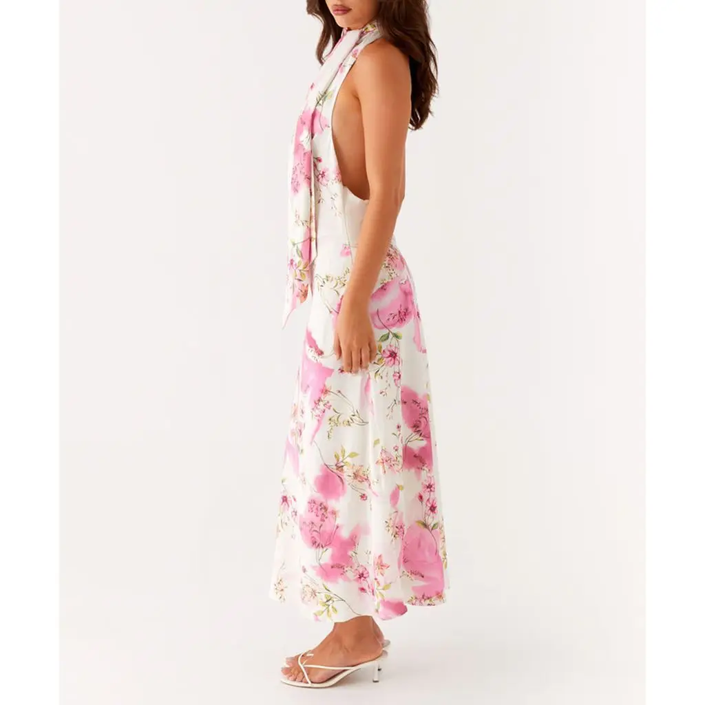 Cowl Neck Floral Halter Vacation Dress - Image 4
