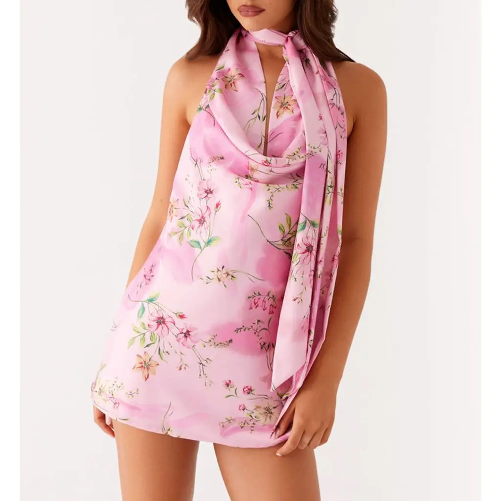 Cowl V-neck Floral A-Line Vacation Dress - Image 3