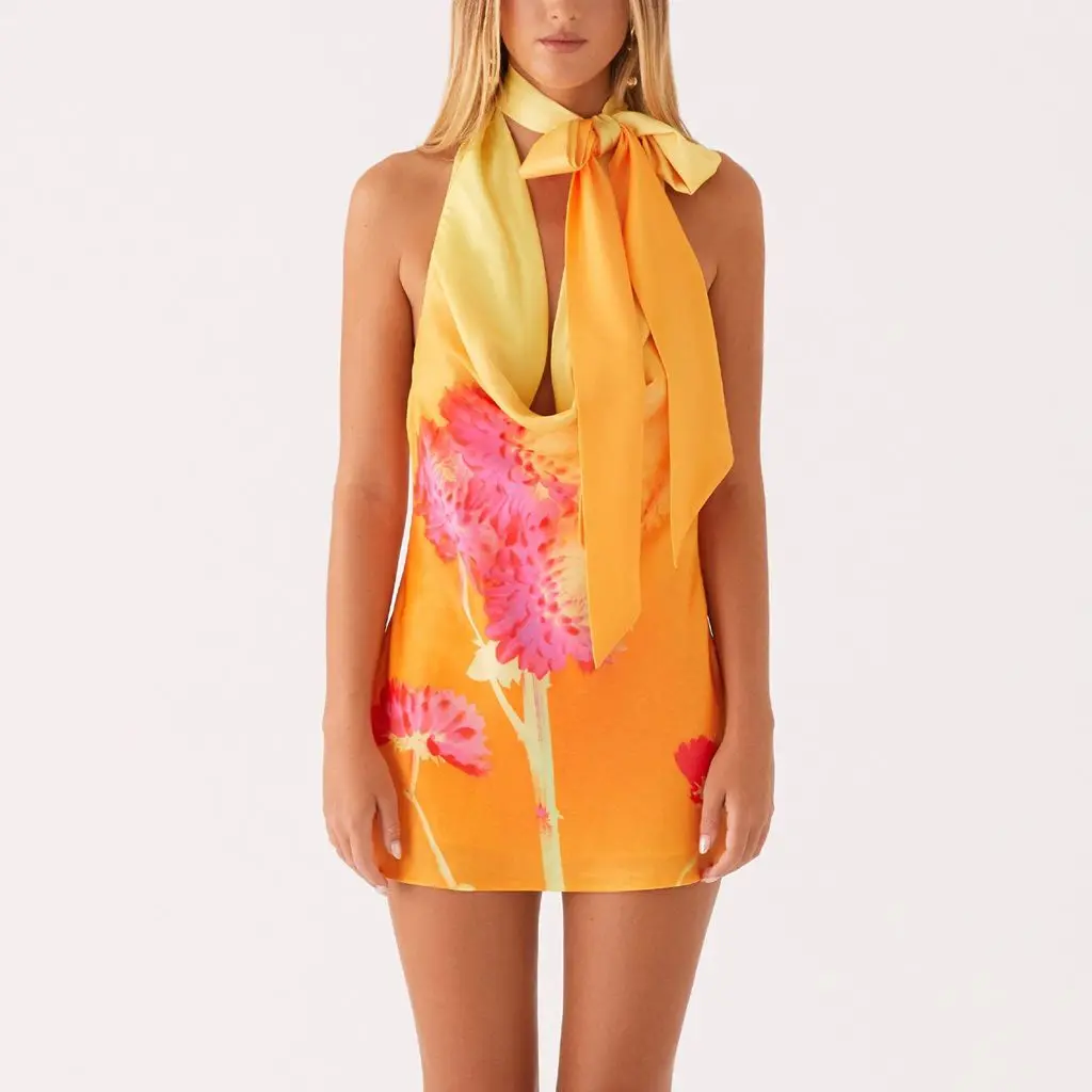 Cowl V-neck Floral A-Line Vacation Dress - Image 7