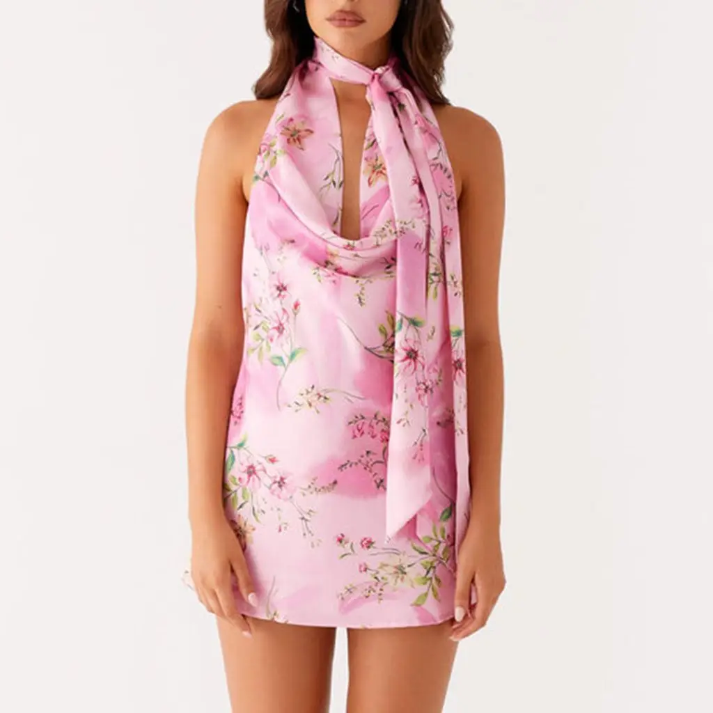 Cowl V-neck Floral A-Line Vacation Dress - Image 8