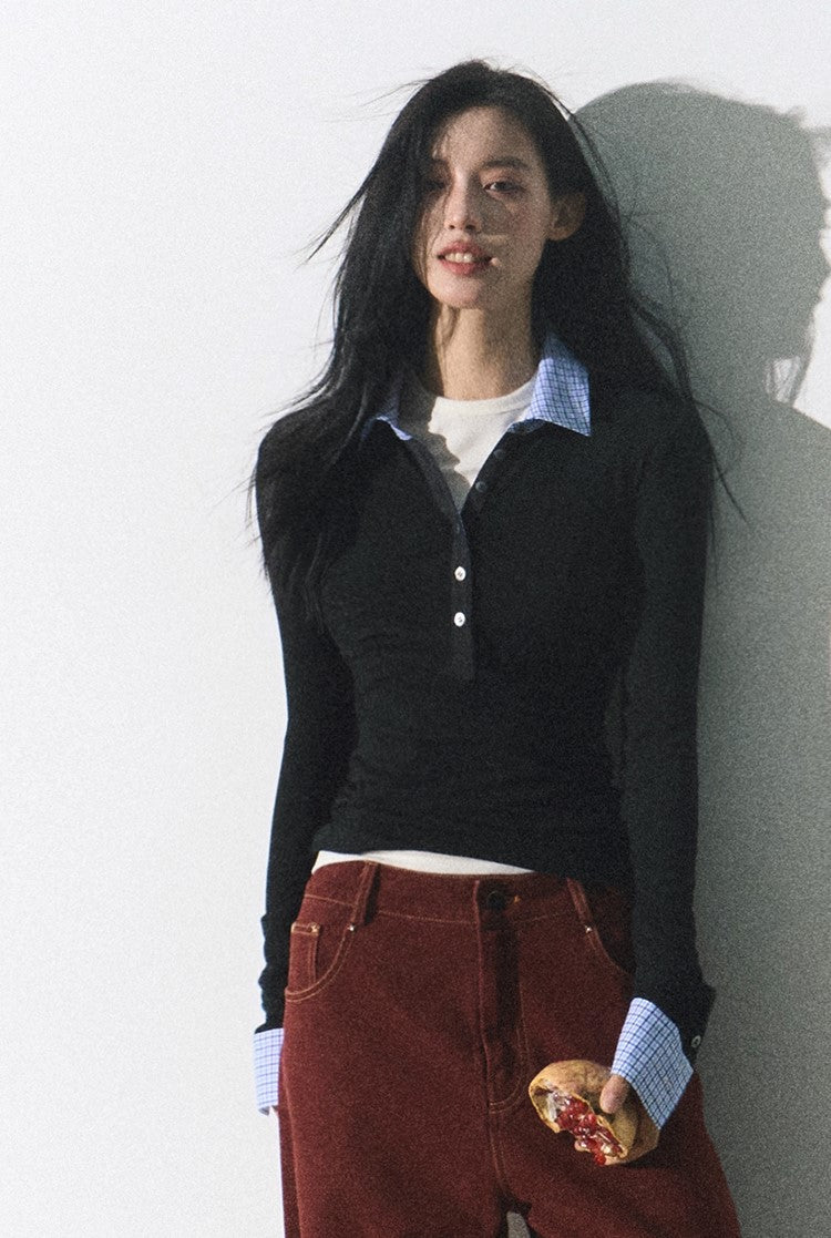 Plaid Collar Button Knit Top - Image 3