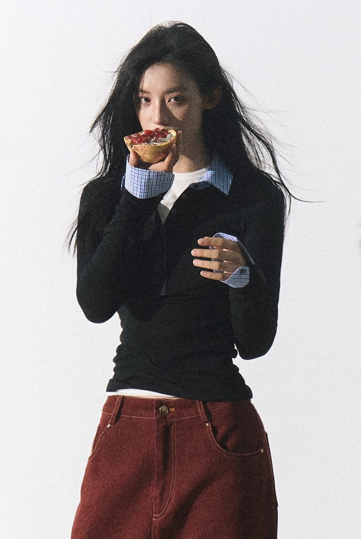 Plaid Collar Button Knit Top - Image 4