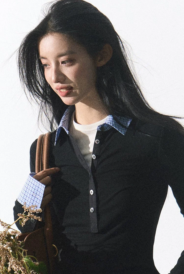 Plaid Collar Button Knit Top - Image 5