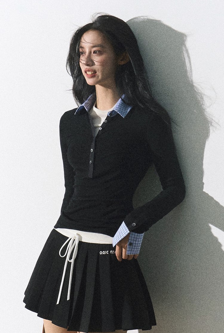 Plaid Collar Button Knit Top - Image 6