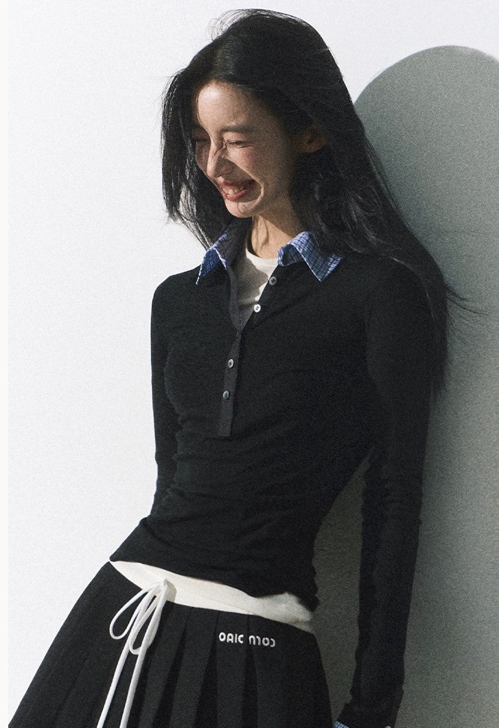 Plaid Collar Button Knit Top - Image 7