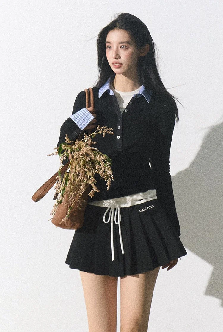 Plaid Collar Button Knit Top - Image 8