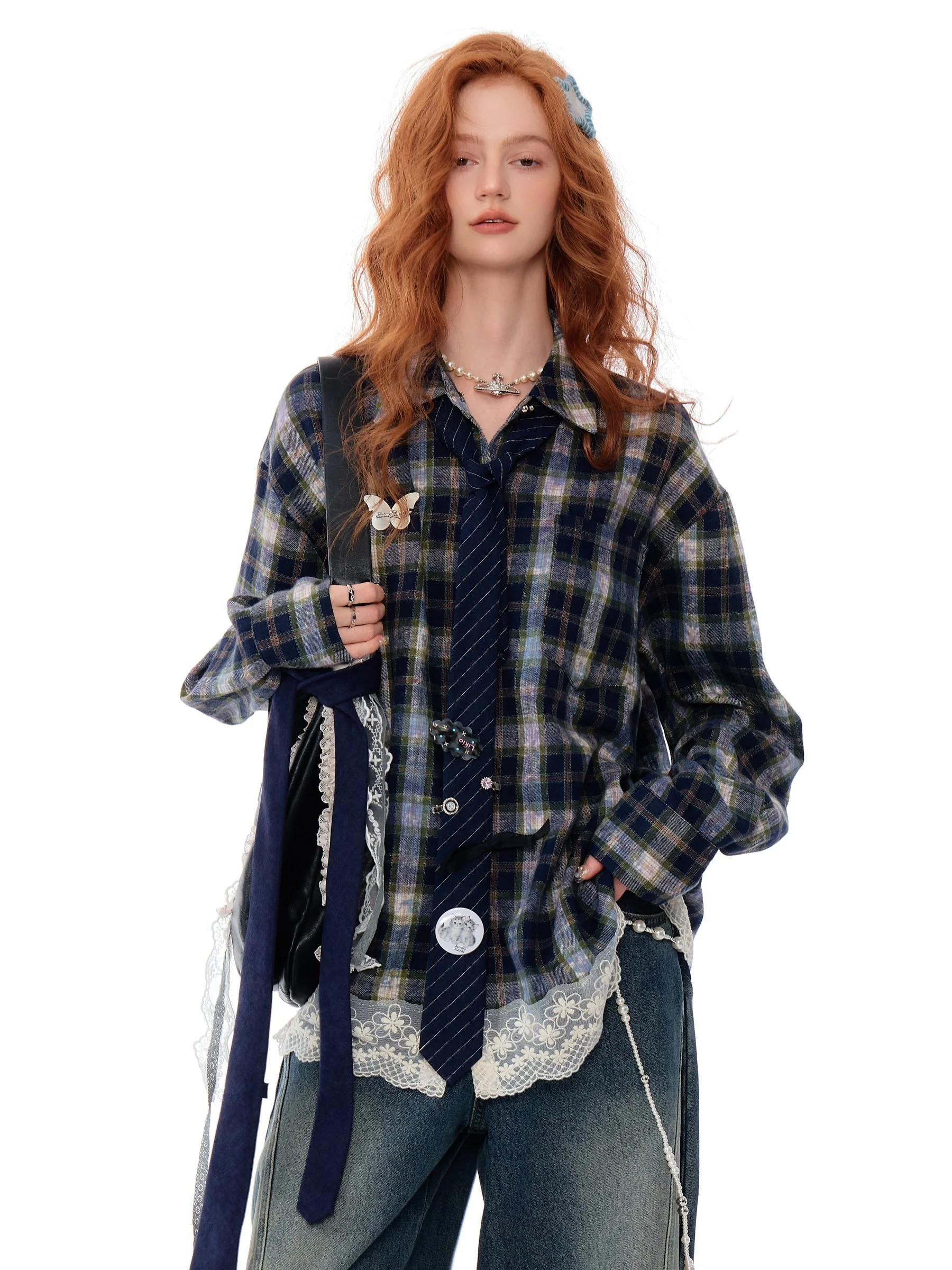 Lace Trim Plaid Button Up - Image 3