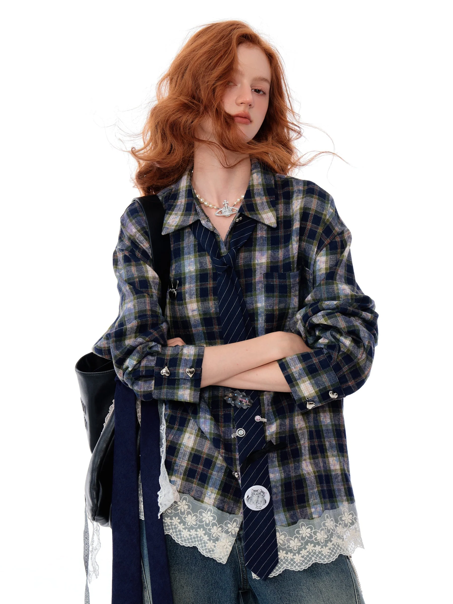 Lace Trim Plaid Button Up - Image 4