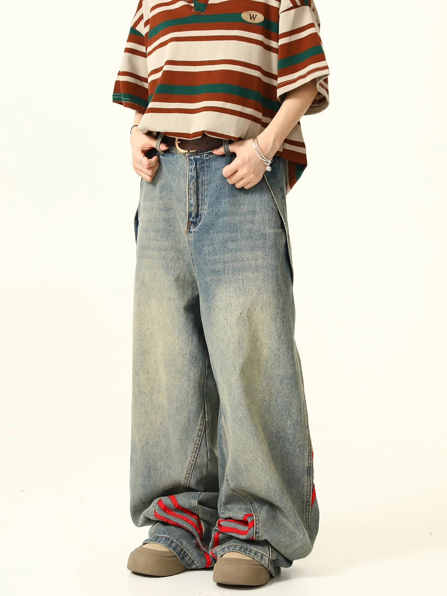 Red Triple-Stripes Wide-Leg Light Wash Denim Jeans - Image 2