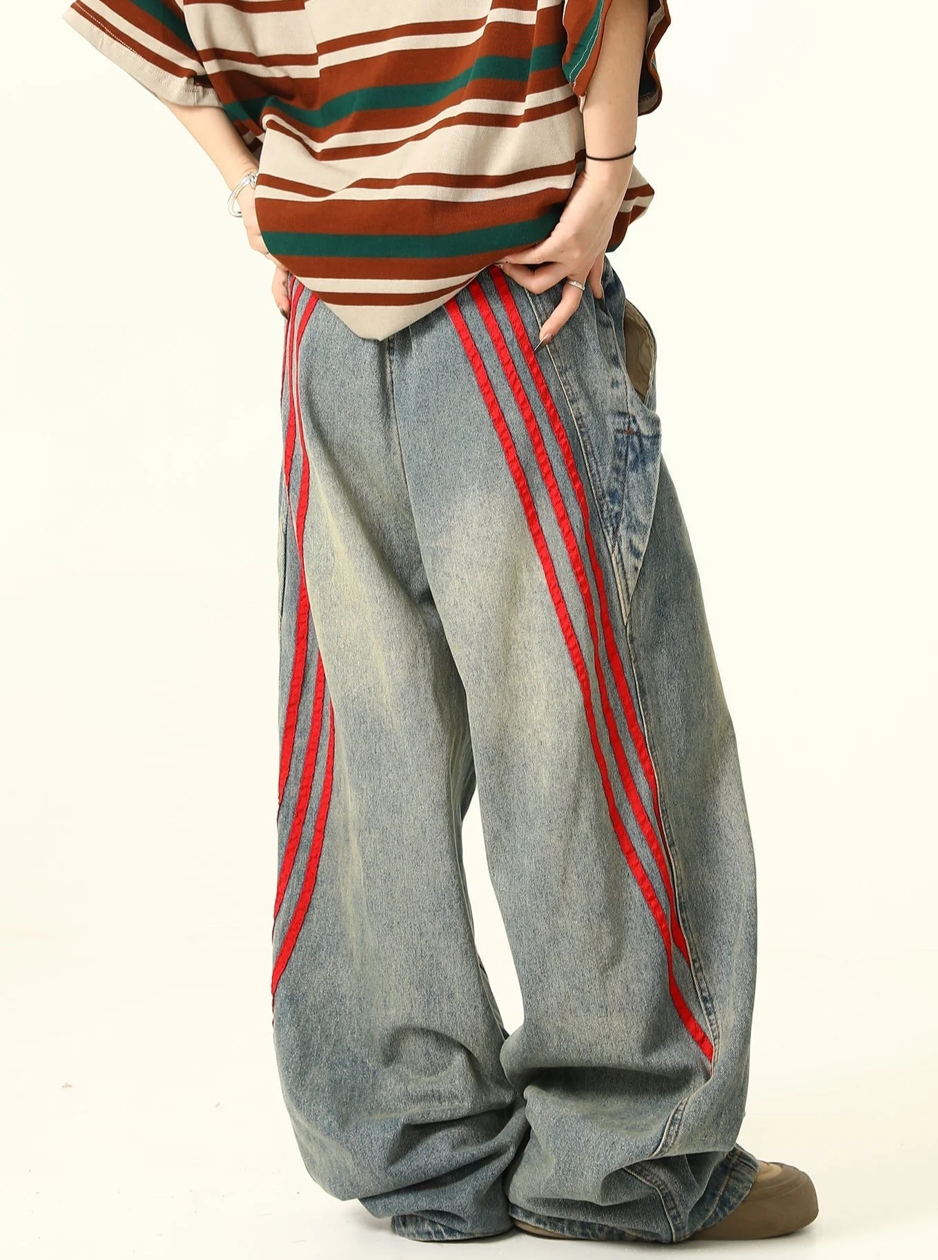 Red Triple-Stripes Wide-Leg Light Wash Denim Jeans - Image 3