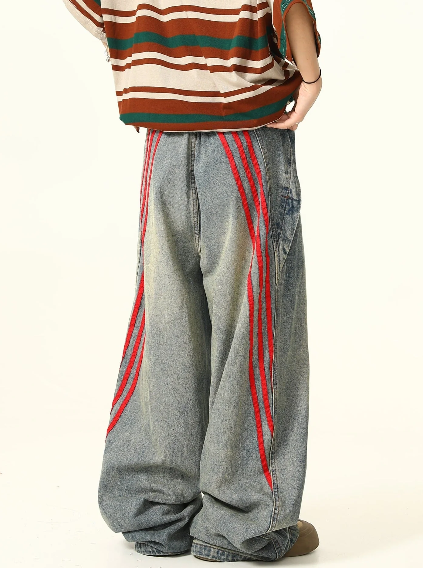 Red Triple-Stripes Wide-Leg Light Wash Denim Jeans - Image 4