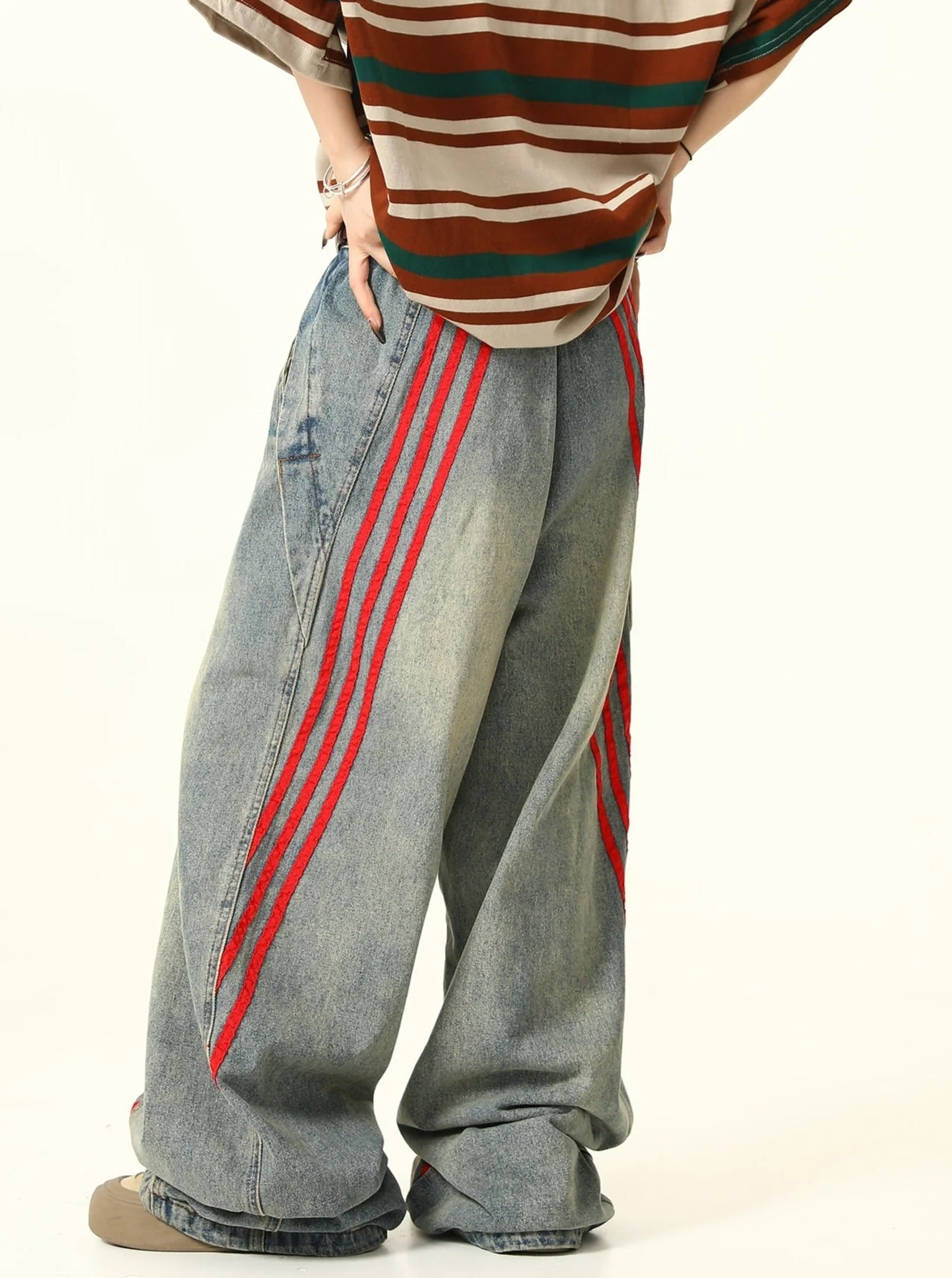 Red Triple-Stripes Wide-Leg Light Wash Denim Jeans - Image 5