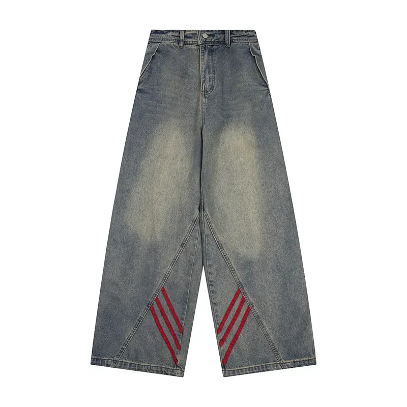 Red Triple-Stripes Wide-Leg Light Wash Denim Jeans - Image 6