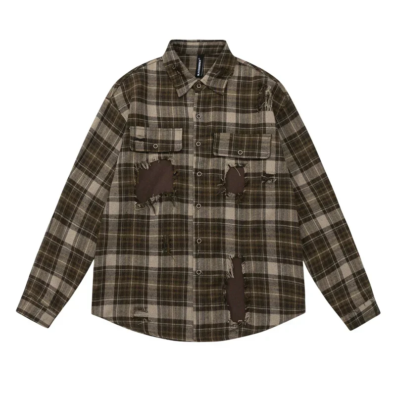 Oversized Distressed Plaid Flannel Shirt with Intentional Patches - Image 10