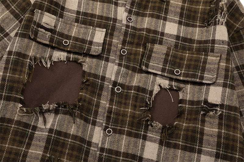 Oversized Distressed Plaid Flannel Shirt with Intentional Patches - Image 12