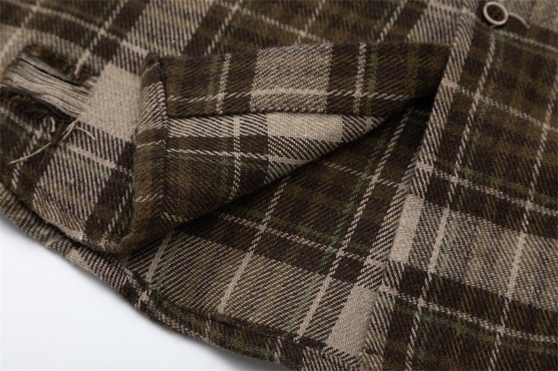 Oversized Distressed Plaid Flannel Shirt with Intentional Patches - Image 13
